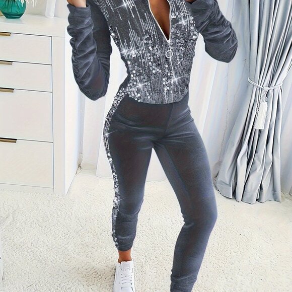 Women's Sequin Embellished 2pcs Sweatpant Set - Picture 5 of 6